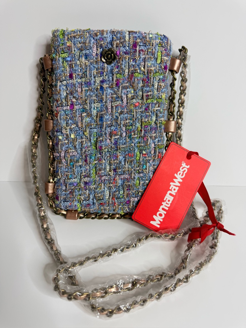 Montana West Blue Multicolor Tweed Crossbody Phone Bag Chain Strap NWT